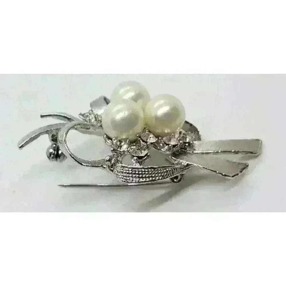 Vintage Brooch Faux Pearl Cluster & Rhinestone Ribbon & Bow Silver